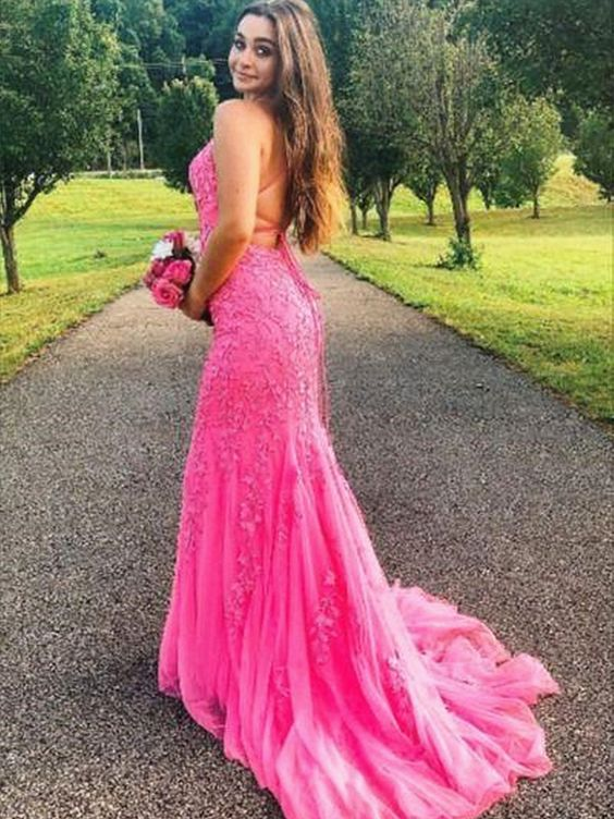 Robe de soirée sirène dos nu en dentelle rose vif, DP0274