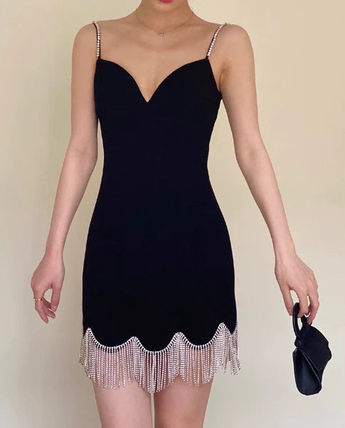 Vintage Schwarzes Sweetheart Quaste Spaghettiträger Kurzes Partykleid Etuikleid Cocktailkleid Homecoming Kleid DP6521