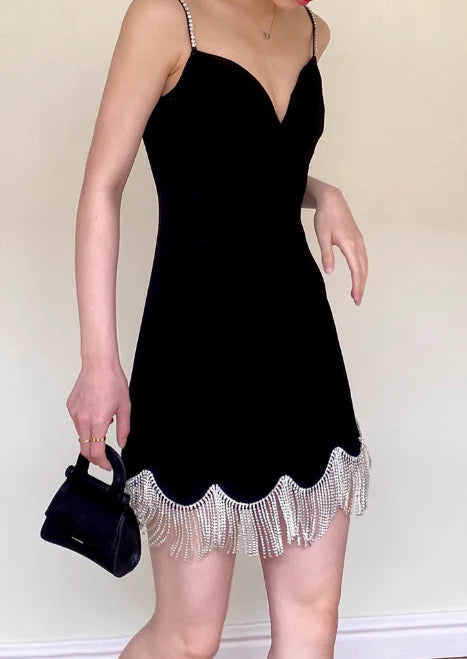 Vintage Schwarzes Sweetheart Quaste Spaghettiträger Kurzes Partykleid Etuikleid Cocktailkleid Homecoming Kleid DP6521
