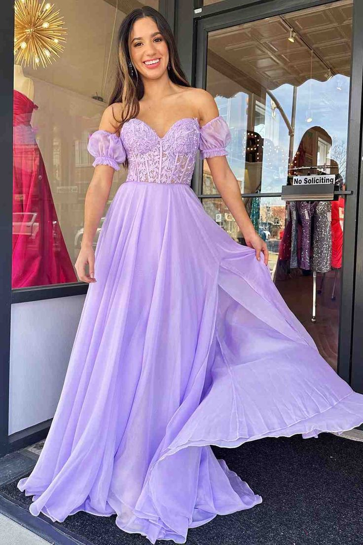 Off-Shoulder A-line Chiffon Applique Lace-Up Long Prom Dress,DP0281