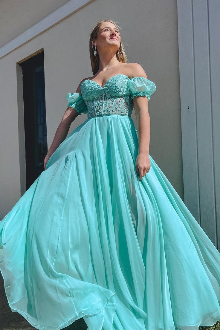 Off-Shoulder A-line Chiffon Applique Lace-Up Long Prom Dress,DP0281