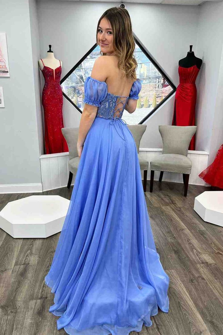 Off-Shoulder A-line Chiffon Applique Lace-Up Long Prom Dress,DP0281