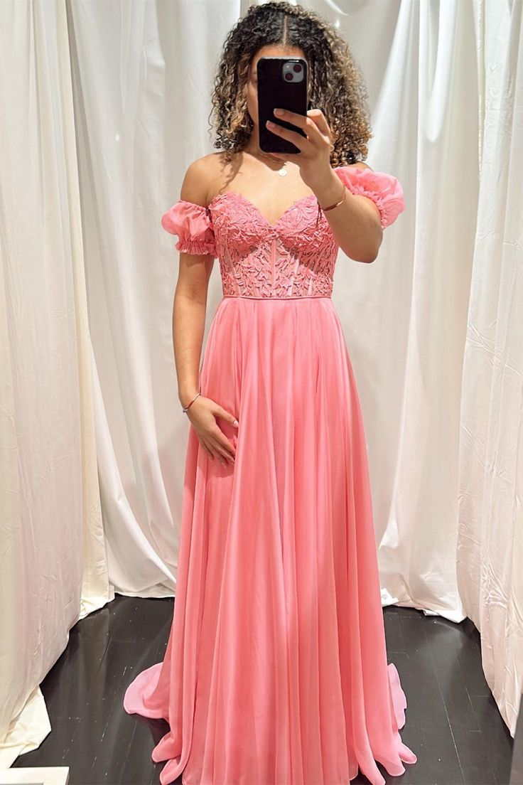 Off-Shoulder A-line Chiffon Applique Lace-Up Long Prom Dress,DP0281