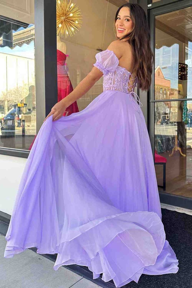 Off-Shoulder A-line Chiffon Applique Lace-Up Long Prom Dress,DP0281