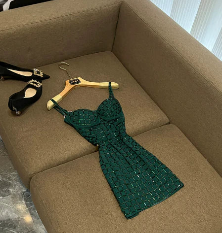 Vintage Dunkelgrün Spaghettiträger Etuikleid Kurzes Partykleid Cocktailkleid Homecomingkleid DP6523