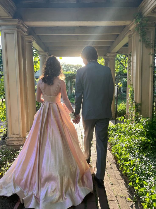 Glänzendes pinkfarbenes Satin-Spaghettiträger-Kleid mit V-Ausschnitt und A-Linie, langes Ballkleid DP0283
