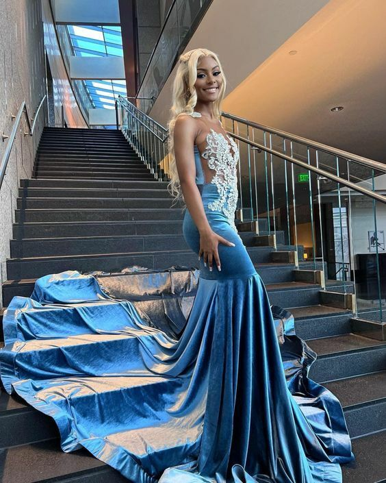 Blaues Meerjungfrau-Spitzen-Abendkleid aus afrikanischem Material, DP0290