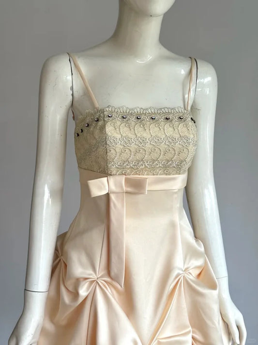 Robe de soirée vintage champagne coupe trapèze à bretelles spaghetti, robe de cocktail courte en satin perlé, DP6555