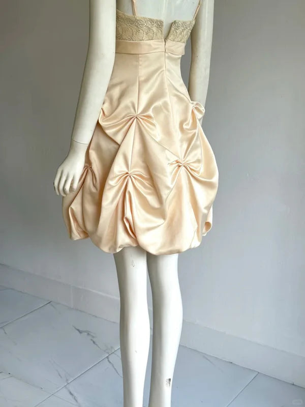 Vintage Champagne A-Line Spaghetti Strap Homecoming Dress Satin Beaded Party Dress Short Cocktail Dress, DP6555