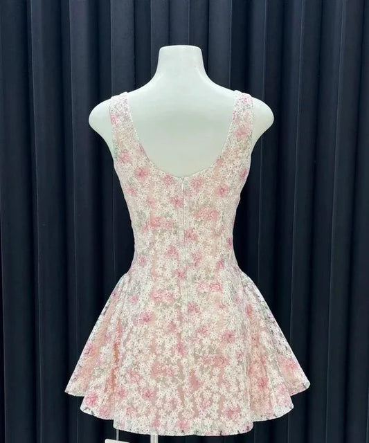 Robe de soirée trapèze vintage à fleurs, col carré, robe de cocktail courte, DP6554