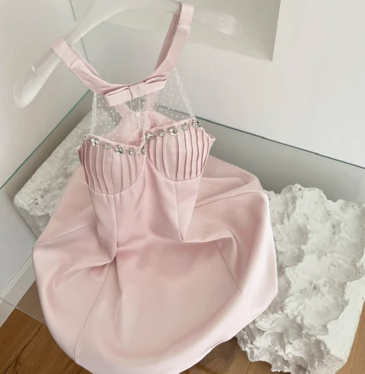 Robe de soirée trapèze en satin rose vintage à perles, robe de cocktail courte, DP6553