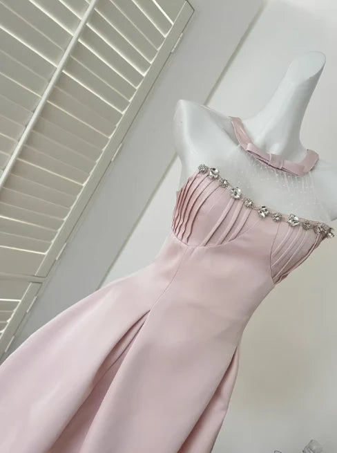 Vintage Pink Beaded Homecoming Dress A-Line Satin Party Dress Short Cocktail Dress, DP6553