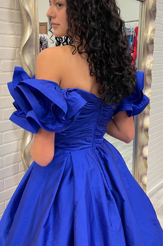 Robe longue plissée bleu roi à épaules dénudées, coupe trapèze, DP0299