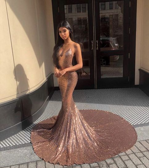 Roségoldenes Meerjungfrauen-Partykleid mit V-Ausschnitt und offenem Rücken, DP309