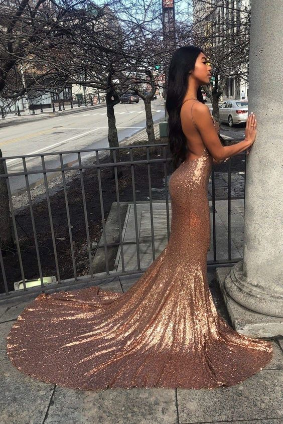 Roségoldenes Meerjungfrauen-Partykleid mit V-Ausschnitt und offenem Rücken, DP309