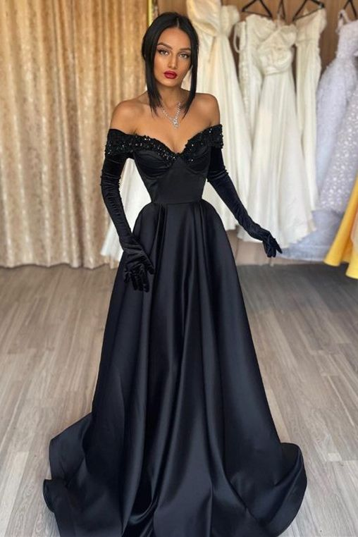 Robe de bal longue noire style sirène à épaules dénudées et gants, DP318