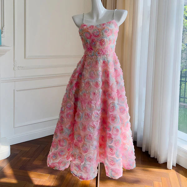 Robe longue rose à bretelles spaghetti, coupe trapèze, tenue de soirée et d'anniversaire, DP4026