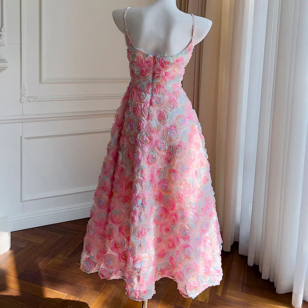 Robe longue rose à bretelles spaghetti, coupe trapèze, tenue de soirée et d'anniversaire, DP4026