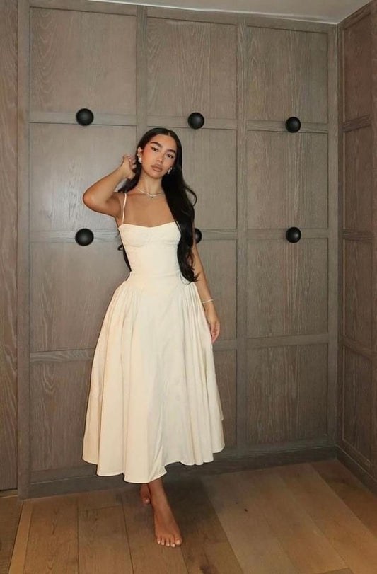 Elegantes, elfenbeinfarbenes, langes Partykleid mit Spaghettiträgern in A-Linie, DP4032