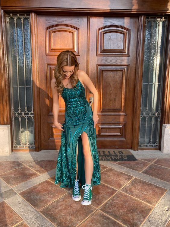 Green Mermaid Slit Long Prom Dresses Evening Dresses,DP362