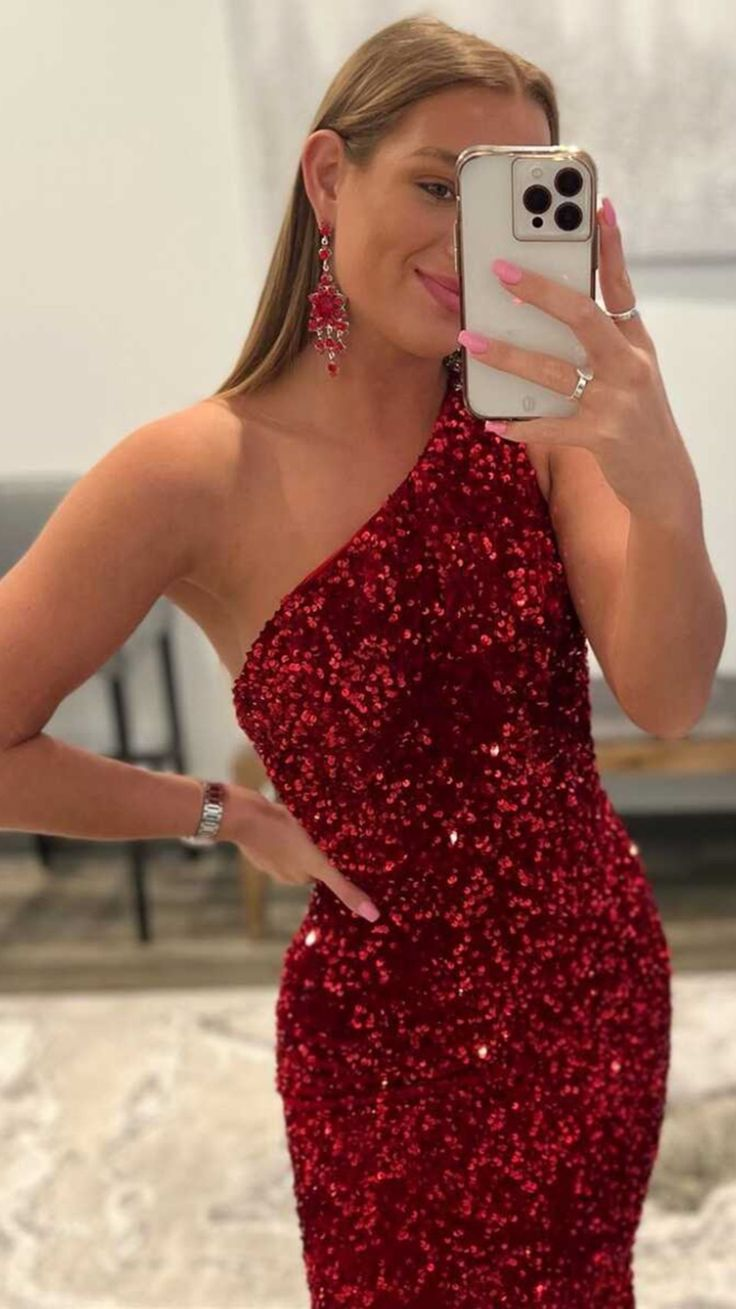 Robe de soirée longue bordeaux asymétrique à paillettes style sirène, DP366