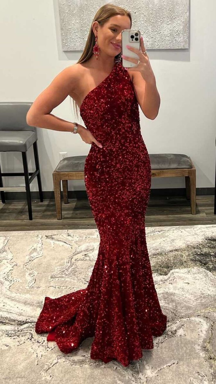 Robe de soirée longue bordeaux asymétrique à paillettes style sirène, DP366
