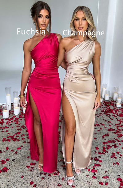 Robe de bal asymétrique en satin champagne/fuchsia avec fente, DP368