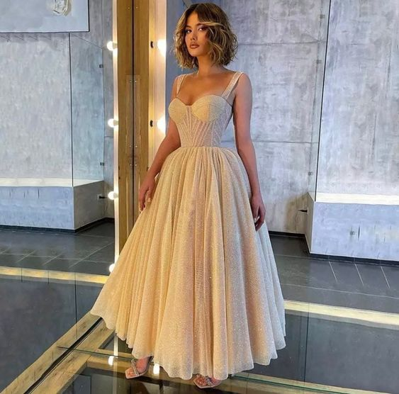 Robe de bal en tulle pailleté, longueur cheville, sans manches, bretelles spaghetti, robe de bal, DP383