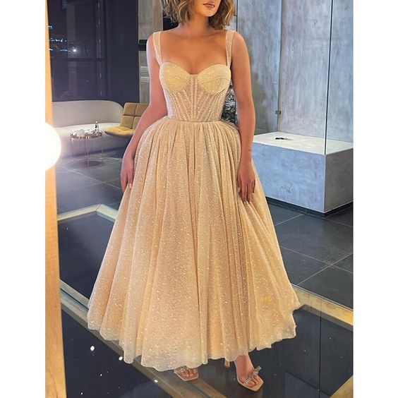Robe de bal en tulle pailleté, longueur cheville, sans manches, bretelles spaghetti, robe de bal, DP383