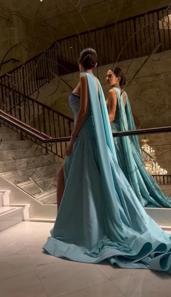 Light Blue Strapless A-Line Beading Long Prom Dress Evening Gown DP3896