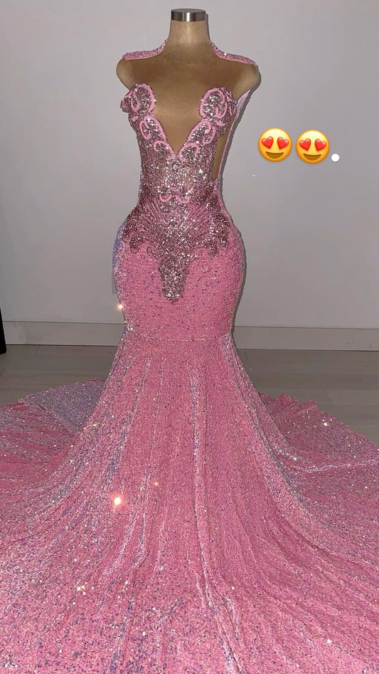 Shiny Pink Sleeveless Beading Sequins Black Girl Long Evening Party Gown DP3901