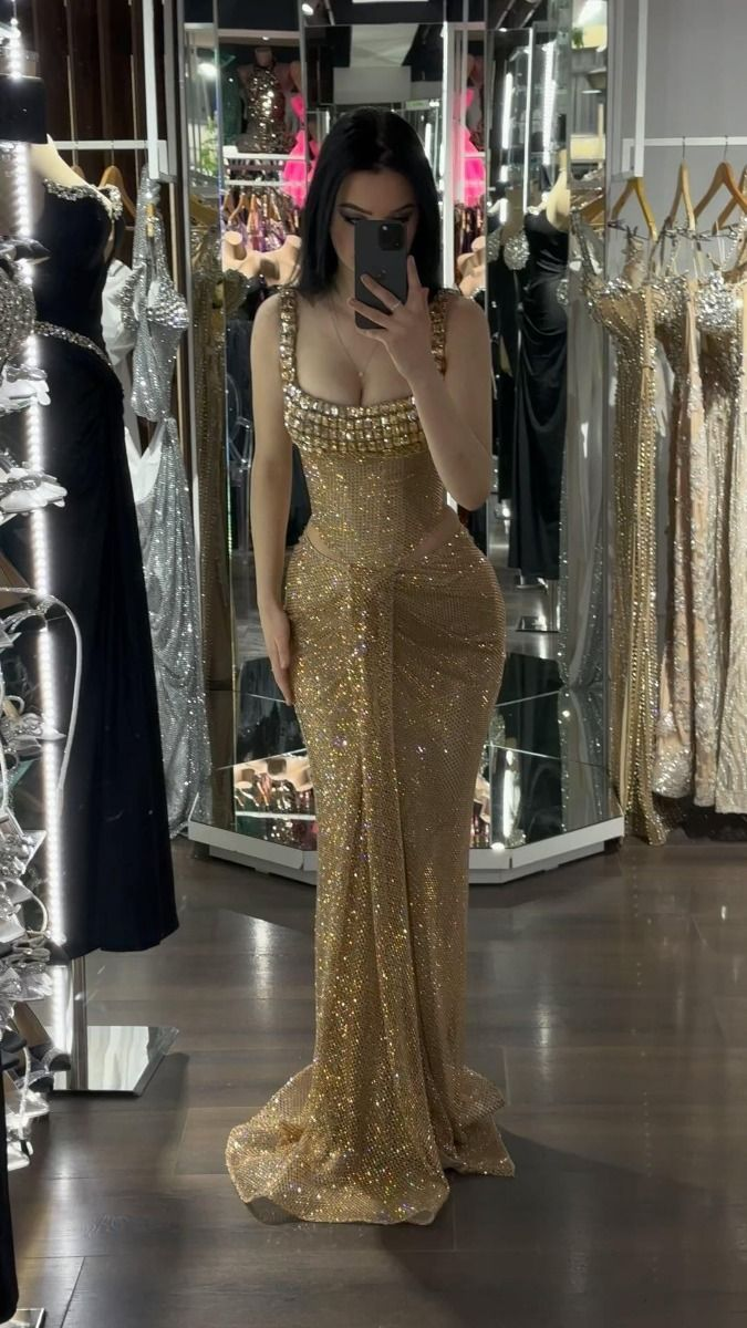 Superbe robe de soirée longue style sirène à bretelles dorées DP3902