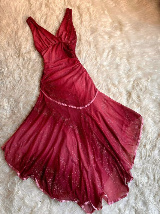 Robe de soirée longue en mousseline de soie brillante à col en V, style vintage, DP3904