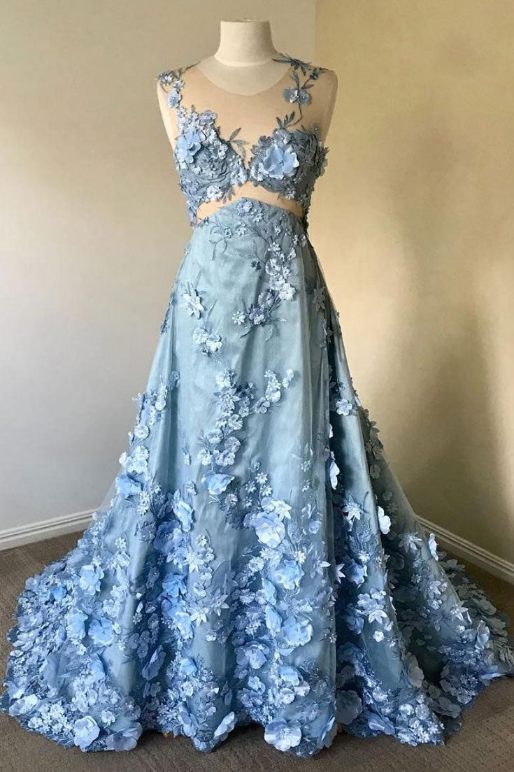 Robe de soirée longue en dentelle à fleurs bleues et col rond, DP391