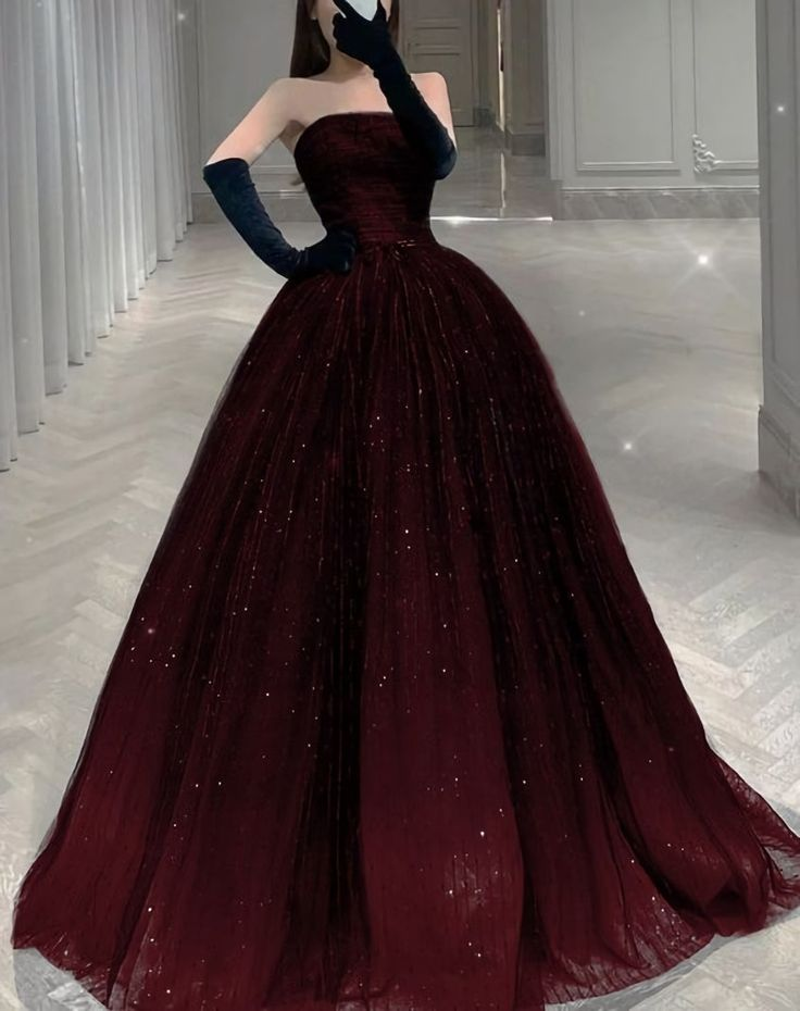 Weinrotes trägerloses A-Linien-Abendballkleid, langes Abendkleid, Sweet 16-Geburtstagskleid, DP3925