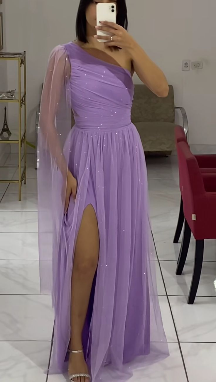 Robe de soirée longue violette claire asymétrique, coupe trapèze, DP3926