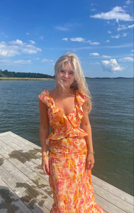 Langes Partykleid aus Chiffon mit Blumenmuster in A-Linie und Urlaubskleid DP3981