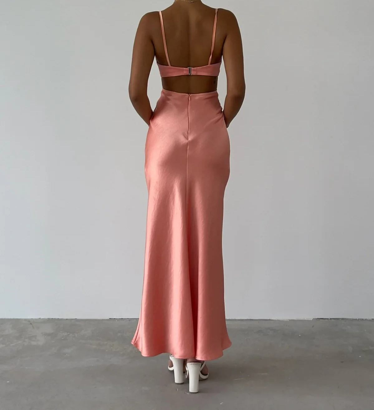 Coral Pink Spaghetti Straps Sheath Satin Long Party Dress, DP3995