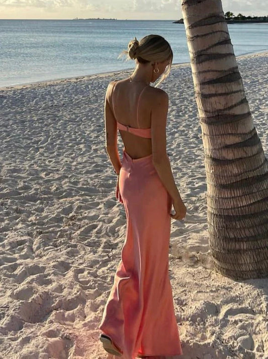 Coral Pink Spaghetti Straps Sheath Satin Long Party Dress, DP3995