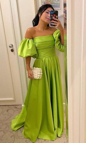 Green Satin Off Shoulder Puff Sleeve Prom Gown Long Formal Evening Dresses,DP399