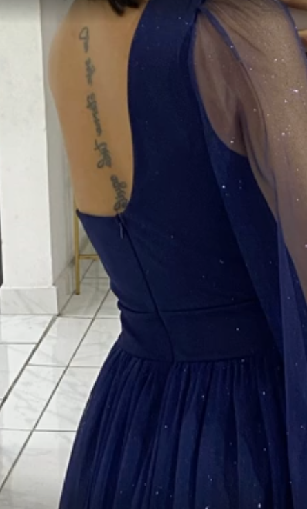 Robe de soirée longue bleu marine asymétrique en tulle avec fente, DP4049