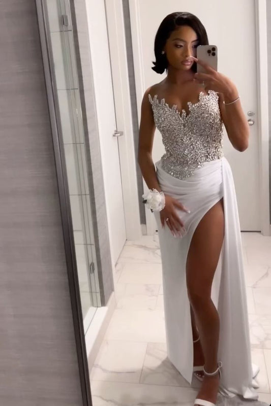 White Strapless Appliques Black Girl Sheath Long Formal Party Dress, DP4061