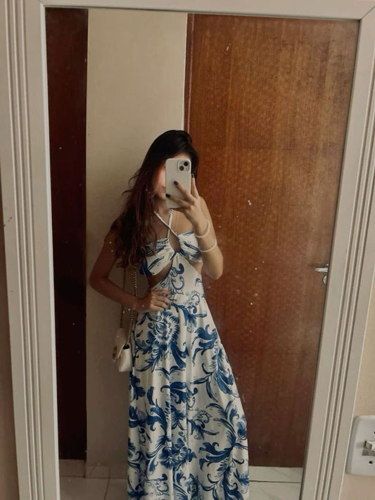 Magnifique robe de soirée longue à imprimé floral et coupe licou, DP4063