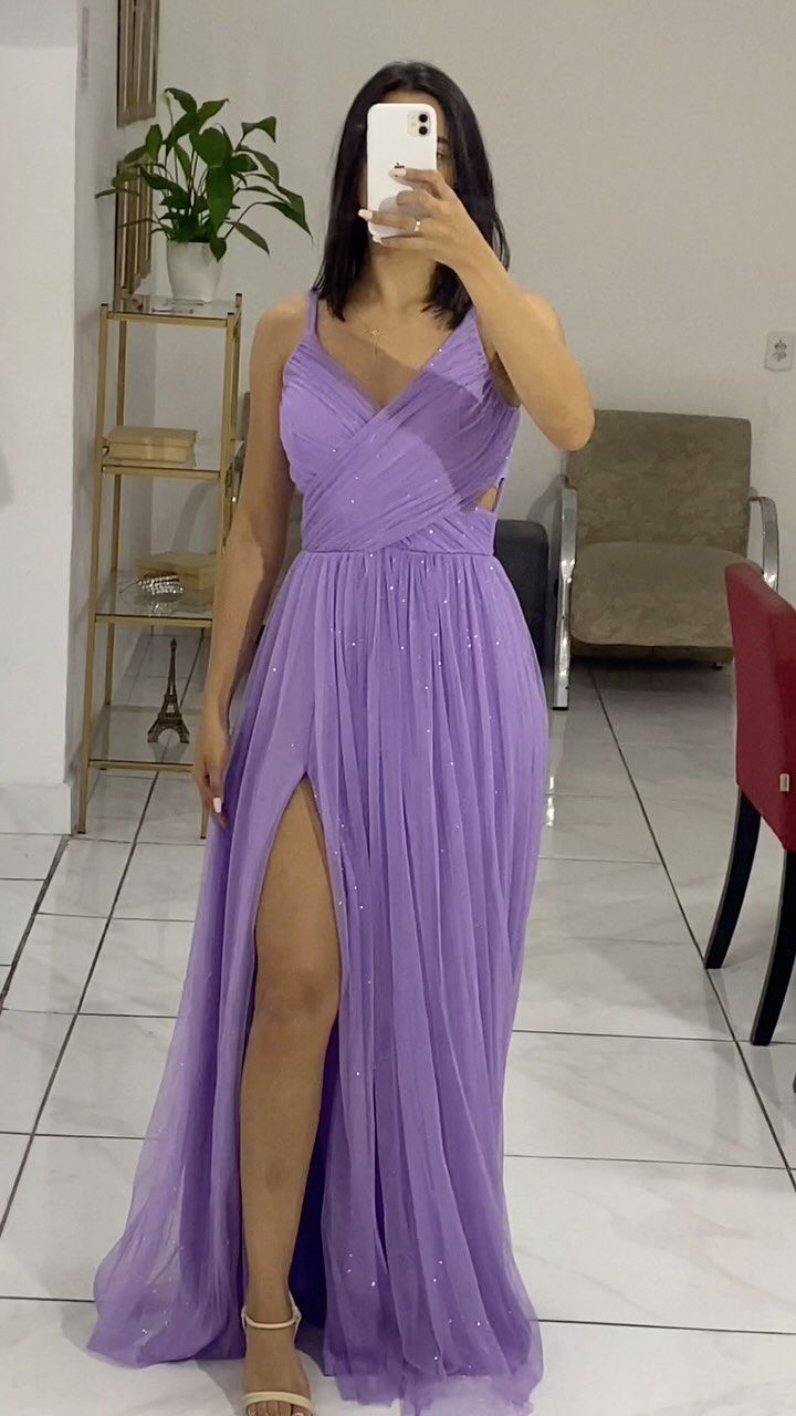 Lila Spaghettiträger A-Linie Tüll Langes formelles Partykleid, DP4085
