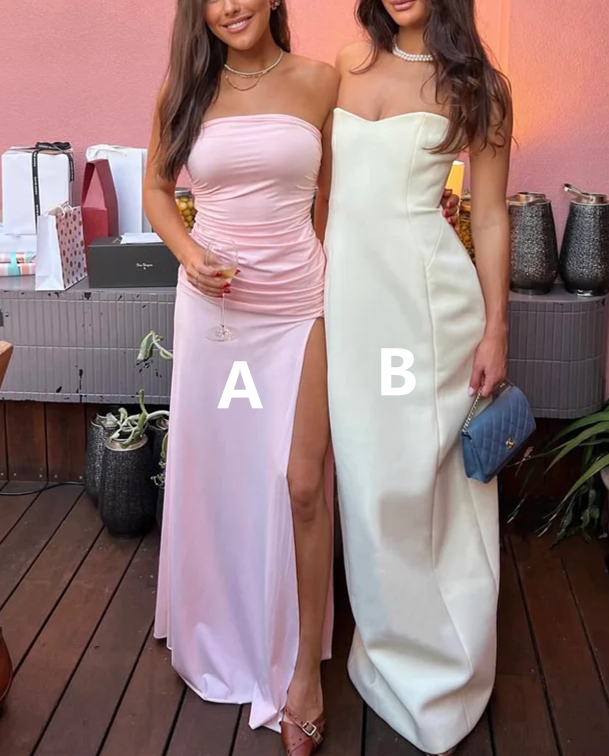 Robe de soirée simple rose clair sans bretelles avec fente haute, DP2408