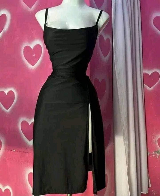 Black Spaghetti Straps Sheath Satin Midi Length Party Dress, DP4099