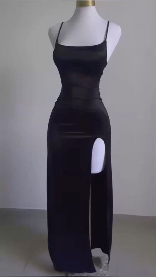 Black Spaghetti Straps Sheath Satin Long Evening Party Dress, DP4100