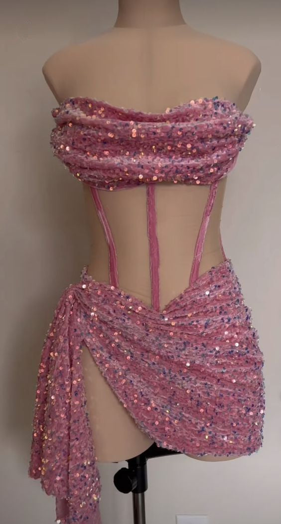 Pink Strapless Sequins Homecoming Dress Short Party Dress, DP4102