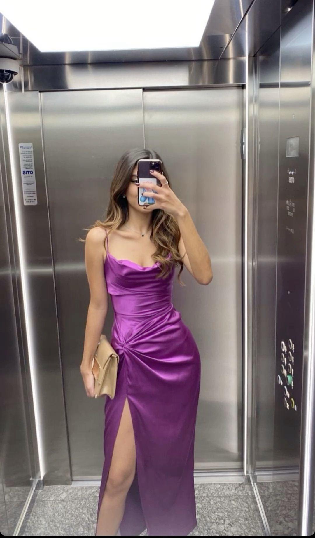 Lila Spaghettiträger Etuikleid Langes Partykleid Hochzeitsgastkleid, DP4116