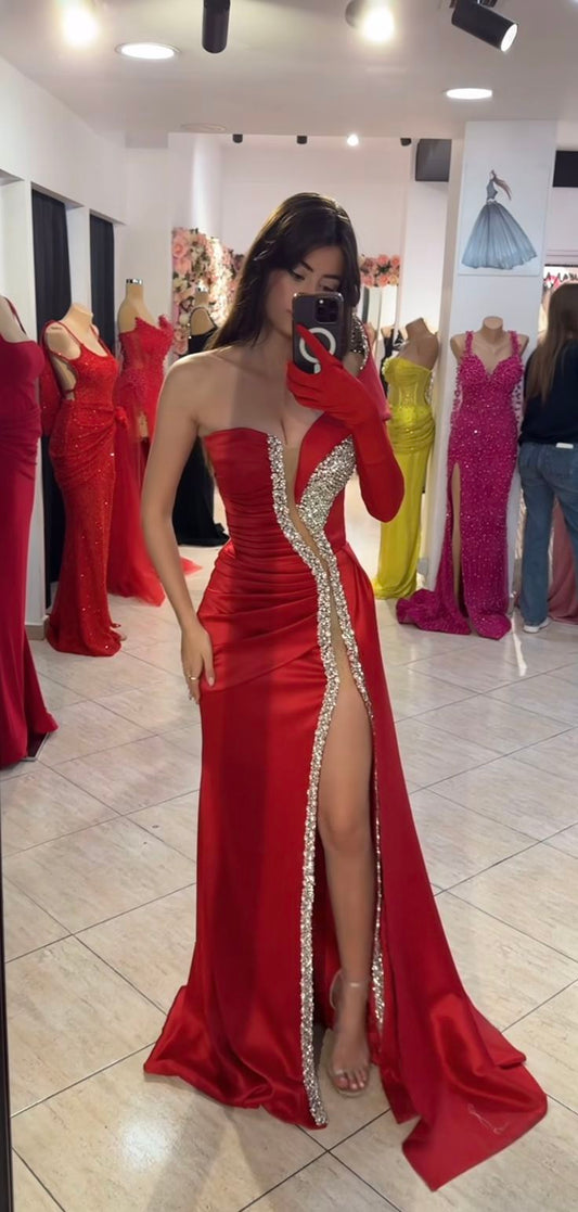 Robe de soirée longue rouge sexy en satin à une épaule et perles, DP4122